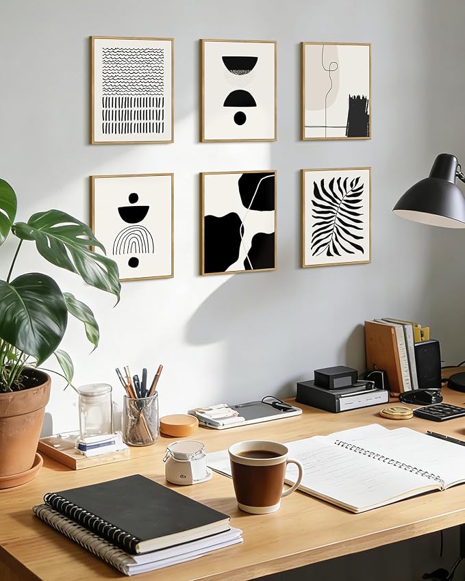 KUVIOKE Black Abstract Framed Wall Art Boho Room Decor Set of 6 Minimalist Geometric Line Art Bohemian Mid Century Modern Prints for Bedroom Living Room 8x10in (Natural Framed)