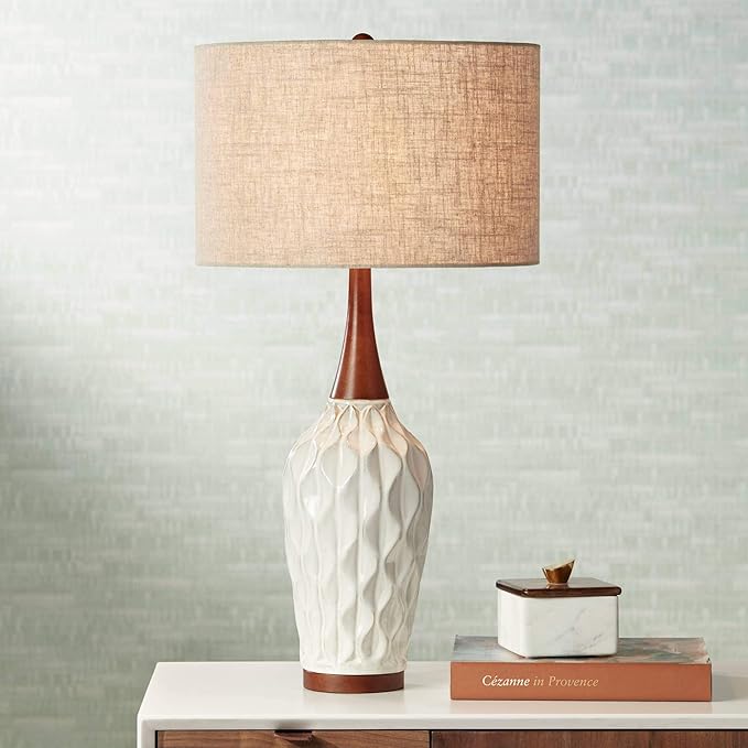360 Lighting Rocco Mid Century Modern Table Lamp 30" Tall White Wave Geometric Ceramic Oak Wooden Neck Tan Fabric Drum Shade for Cottage Core Living Room Bedroom House Bedside Nightstand Home Office