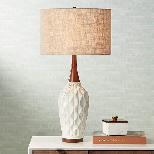 360 Lighting Rocco Mid Century Modern Table Lamp 30" Tall White Wave Geometric Ceramic Oak Wooden Neck Tan Fabric Drum Shade for Cottage Core Living Room Bedroom House Bedside Nightstand Home Office