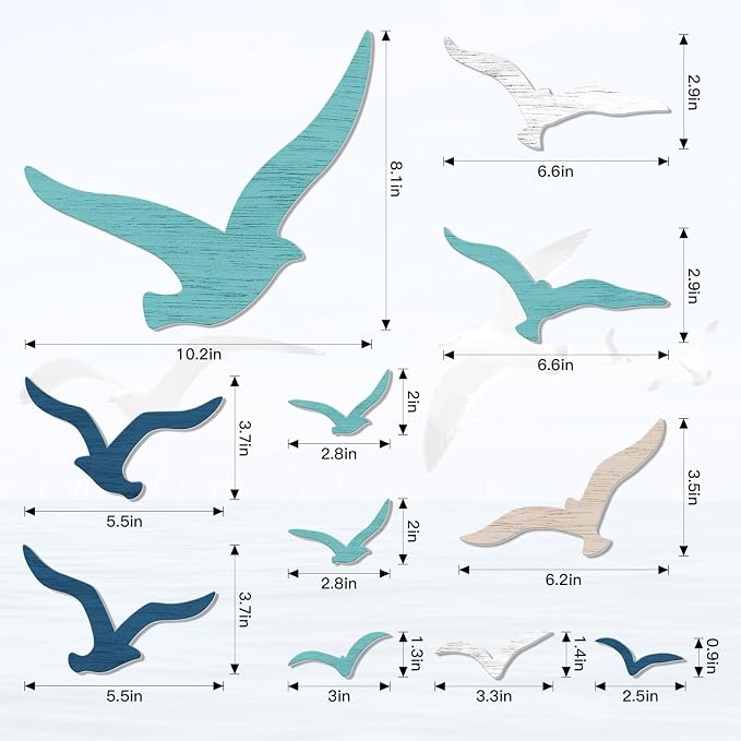 Zzbakress 11 Pcs Wooden Seagull Wall Decor Nautical Coastal Beach Wall Art Vintage Ornaments Unique Sea Birds Wall Sculpture for Home Bathroom Living Room Bedroom (Minimalist)