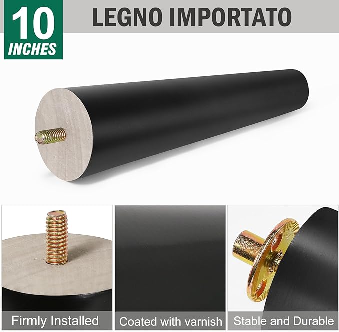 FoDau770 Black Rubber Wood Furniture Legs 10 Inches, Straight Tapered Wood Feet Mid Century Sofa Legs Set of 4, 5/16" UNC Furniture Feet for Cabinet Couch Dresser Chair Ottoman Table