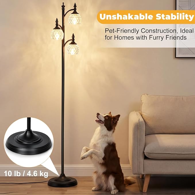 JUNNAI Glass Floor Lamp 66.5in Black Standing Lamps for Living Room with 3 Brightness Lights Vintage Retro Corner Lamp for Bedroom Office(3LED Bulbs Included)