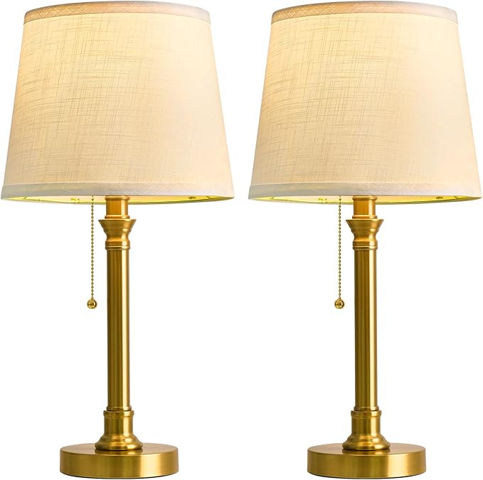 Oneach 19.5" Gold Table Lamp Set of 2, Small Bedside Table Lamps with White Linen Shade, Pull Chain Switch, USB A+C Charging Ports, Modern Nightstand Lamp for Living Room, Bedroom, Nursery