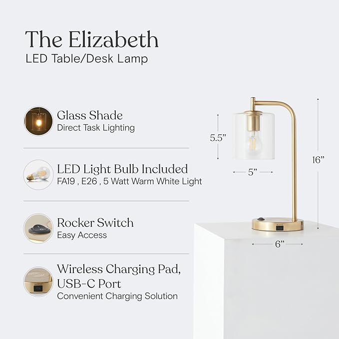 Brightech Elizabeth Table Lamp with Wireless Charging Pad and USB-C Port, Bedside Reading Lamp, Vintage Brass Gold Desk Lamp, Nightstand Lamp with LED Bulb for Bedroom, Living Room, Office