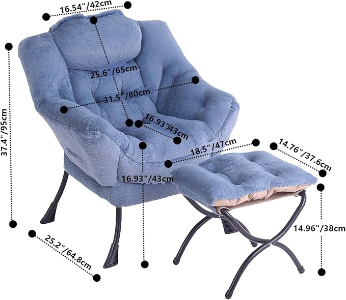 Tiita Lazy Chair with Ottoman, Blue Modern Large Accent Armchair, Comfy Leisure Sofa Reading Chair with Footrest for Bedroom, Living Room, Dorm Rooms, Garden, Plush Light Blue