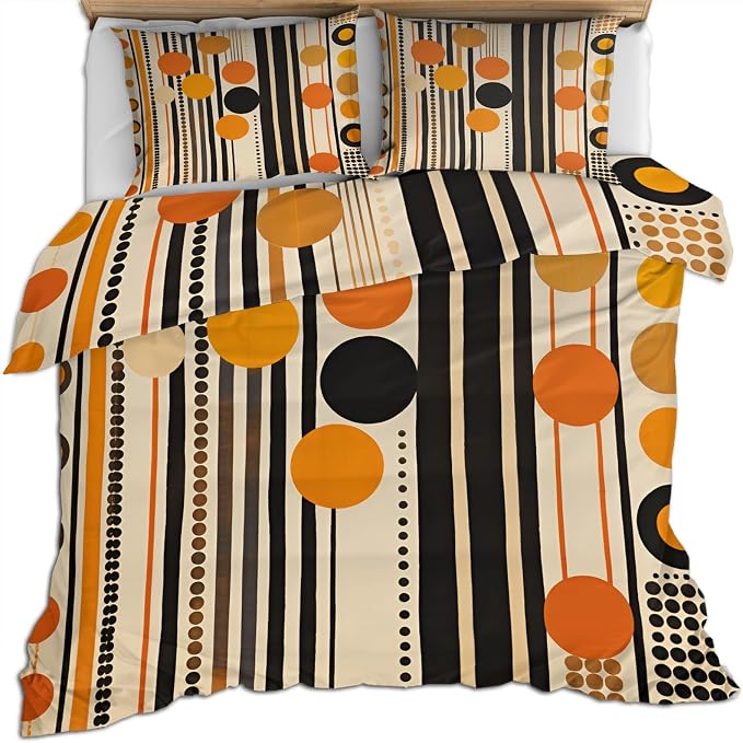 Retro Middle Ages Duvet Cover Twin Size, Orange Geometric Art Bedding Set 2 Piece Kids and Adults Modern Stripes Patterned Comforter Cover with Zipper Ties & 1 Pillowcases