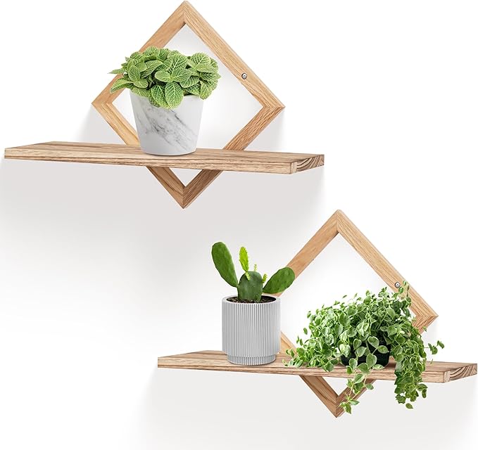 Floating Shelves for Wall,Decorative Wall Shelf,Hanging Shelf for Plants Storage Display Holder,Indoor Decor for Living Room Home Office Bathroom Bedroom,Solid Wood,Diamond Shaped,2 Pack(Wooden Brown)