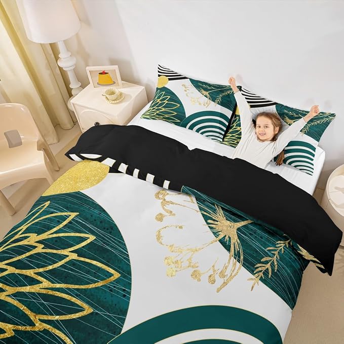 Erosebridal Boho Mid Century Duvet Cover Toddler Size for Women Men Adults | Minimalist Modern Comforter Cover Teal Green Geometric Bedding Set Aesthetic Modern Abstract Bed Set