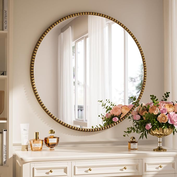 28 Inch Round Bathroom Mirror - Luxurious Retro Beaded Circle Decorative Wall Mirror with PU Frame Hanging Leaning as Art Decor for Entryway, Bedroom, Living Room, Hallway, Gold