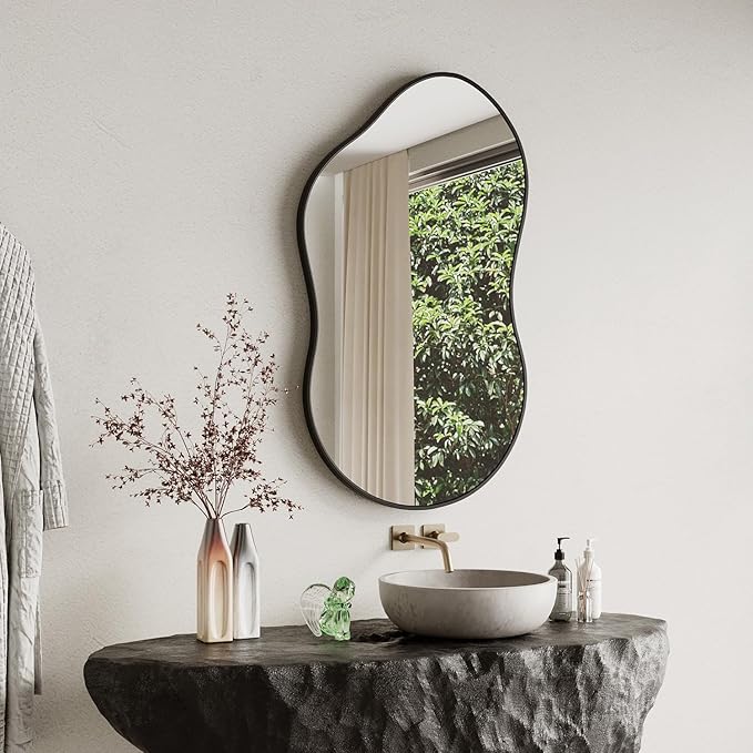 Irregular Wall Mirror - 24''×36'' Asymmetrical Decorative Tempered Glass Aluminum Alloy Framed Mirrors Cloud Mirror Wavy Mirrors for Bathroom, Bedroom, Living Room, Entryway（Black）
