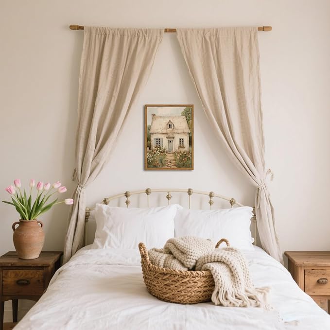 Vintage French Country Wall Art, Modern Farmhouse Wall Decor Painting, Rustic Cottage House Poster Canvas Prints Countryside Landscape Artwork for Bedroom Living Room 16x24 inch Wood Framed