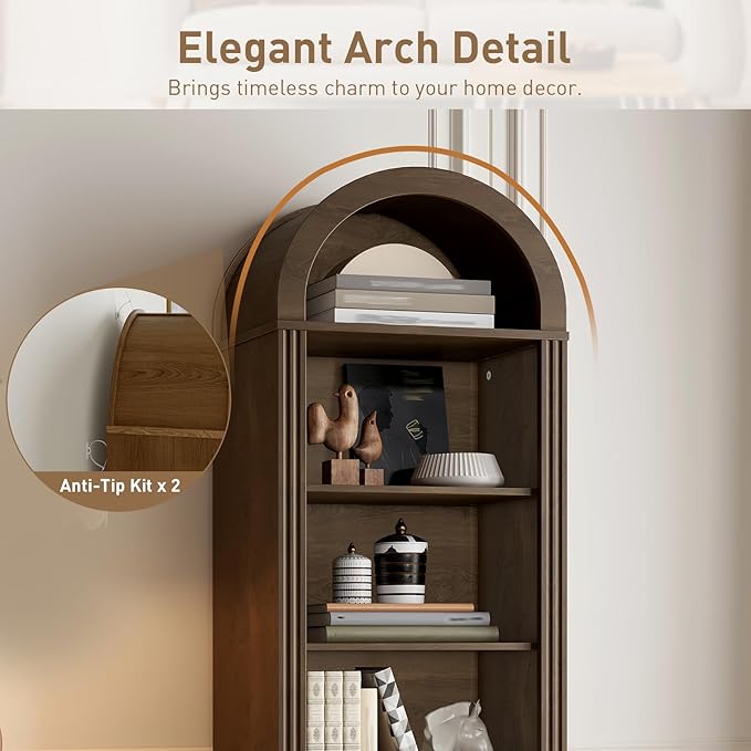 RALGEND Tall Narrow Bookshelf, Arched Bookshelf with 2 Drawers, 7-Tier Farmhouse Arch Bookcase, Wooden Book Shelf with Open Display Shelves for Office, Living Room, Kitchen, Walnut
