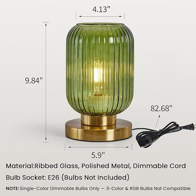 Mid Century Modern Table Lamp: Vintage Green Ribbed Glass Globe Dimmable Plug in Small Bedside Lamps - Cute Brass Gold Side Table Lamp Nightstand Light for Bedroom Entryway Office Desk Living Room