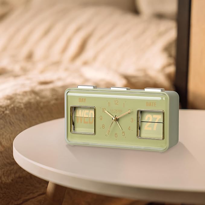 La Crosse Clock 636-379G Daily Flip Green Tabletop Alarm Clock with Calendar