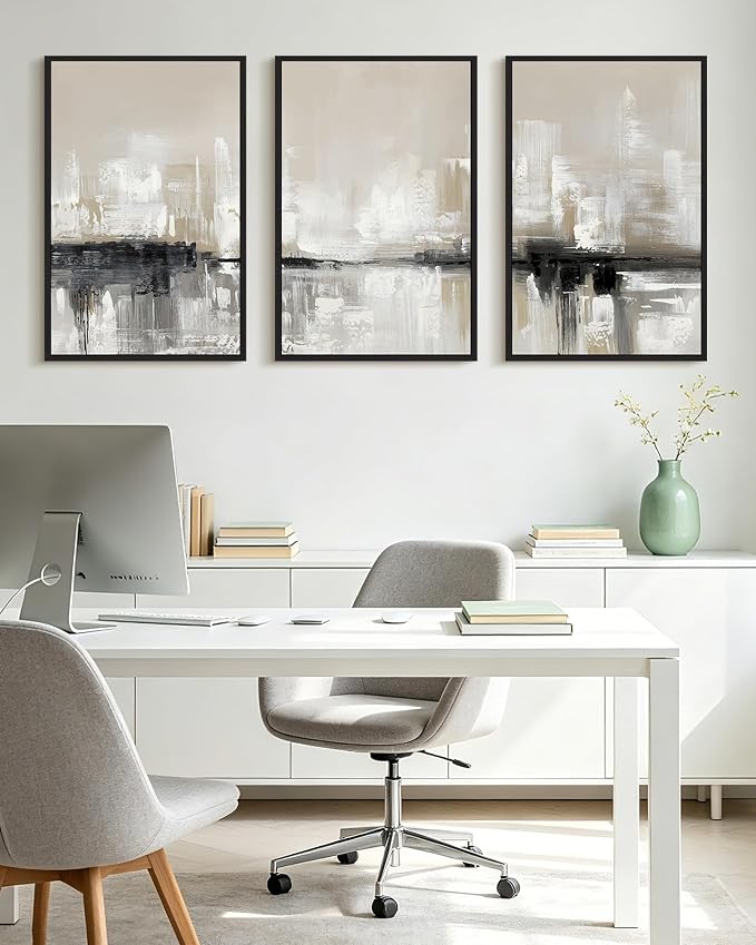 KUVIOKE Abstract Gray Framed Wall Art Neutral Brown Artwork Painting Morden Minimalist Wall Decor Rustic Home Decor 24x36in (Black Framed)