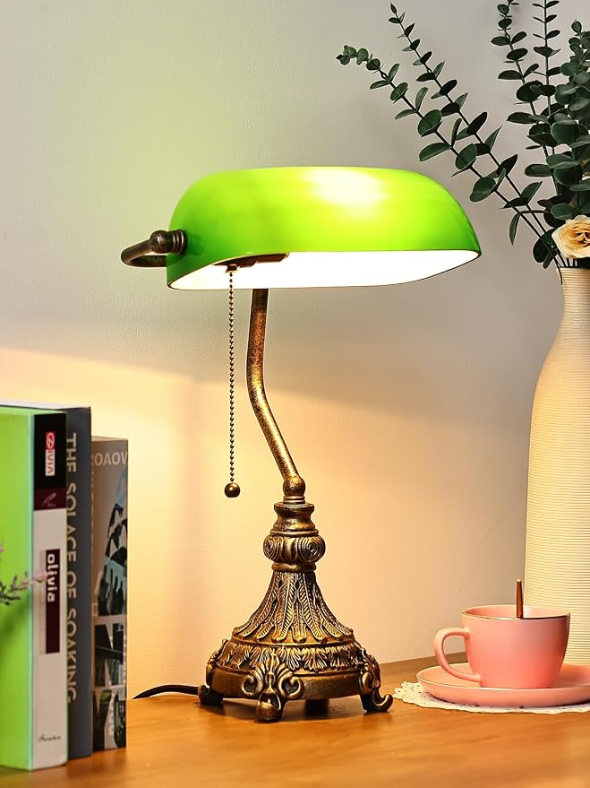 Vintage Green Glass Bankers Desk Lamp for Home Office,Library with Pull Chain Switch Plug in Fixture, LED Bulb Included