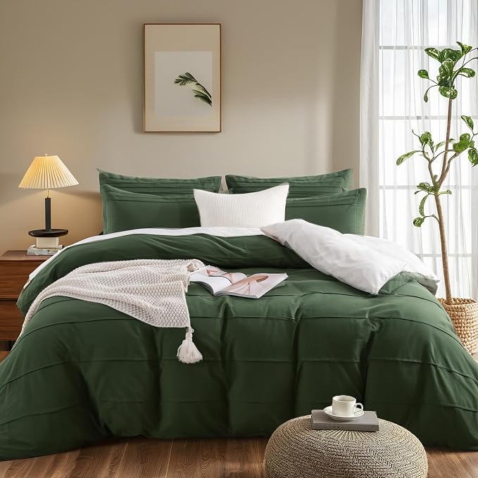 NEXHOME PRO 100% Organic Cotton Duvet Cover Oversized King Size, Linen Like Pleated Textured Forest Green Duvet Cover Set, 3pc Bedding Set with Zipper Closure, Soft,120"x98", No Comforter