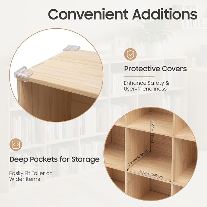 18-Cube Pine Wood Storage Organizer, Solid Wooden Bookshelf with Back Panel, 11in Shelf Opening Bookcase, Freestanding for Living Room, Bedroom, Office (70.8 x 11.8 x 35.4in)