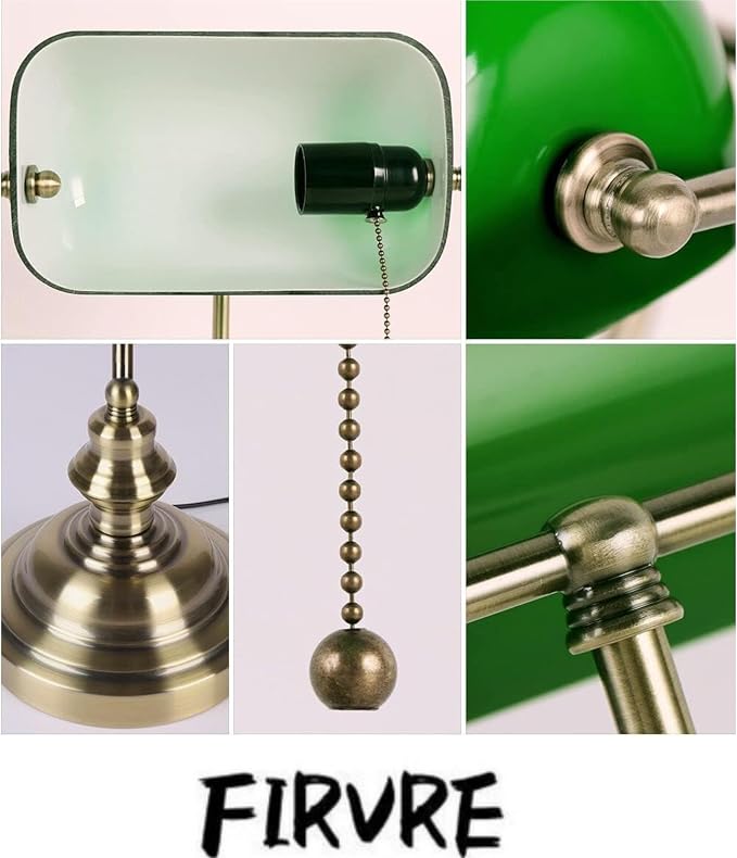 FIRVRE Bankers Desk Lamp, Green Glass Shade, Antique Desk Lamps with Brass Base, Vintage Library Lamp with Pull Chain, Retro Table Lamps for Home Office, Study Room (LED Bulb Included)