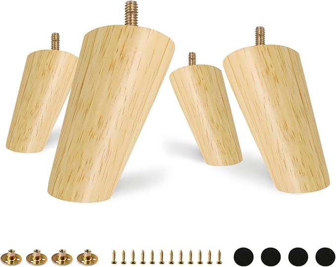 FoDau770 Rubber Wood Furniture Legs 4 Inches, Slant Tapered Wood Feet Mid Century Sofa Legs Set of 4, 5/16" UNC Furniture Feet Replacement Parts for Cabinet Couch Dresser Chair Ottoman Table