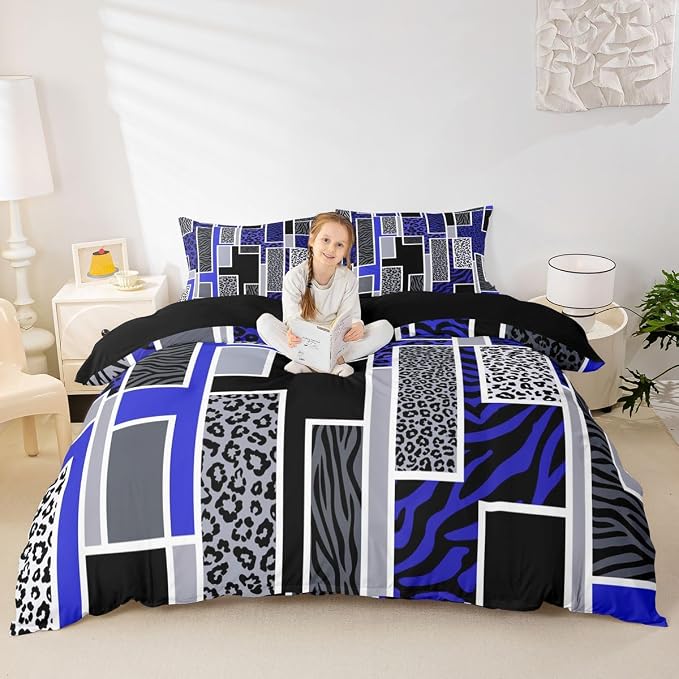 Erosebridal Leopard Print Comforter Cover Queen Zebra Skin Texture Bedding Set Wild Animal Cheetah Print Duvet Cover for Kids Teen Adults,Blue Black Grey Geometric Bed Set
