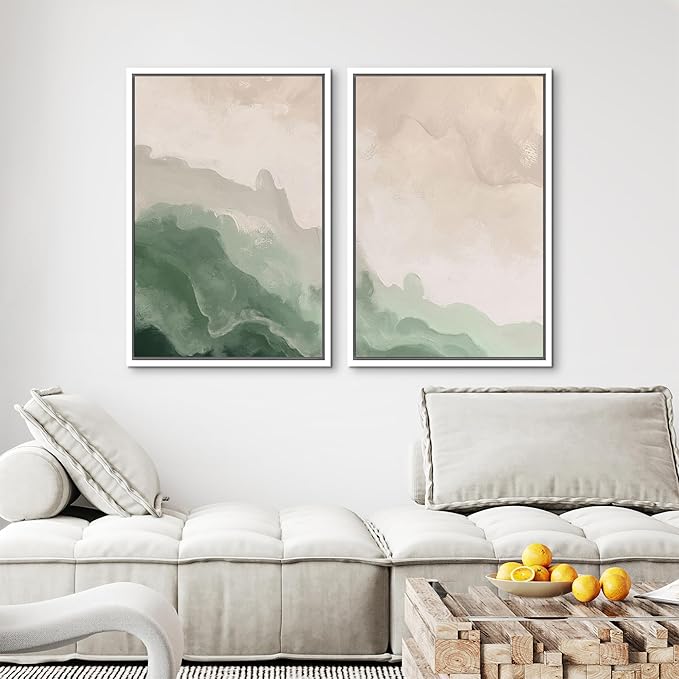 MUDECOR Framed Canvas Print Wall Art Soft Green and Beige Abstract Calming Watercolor Landscape Illustrations Modern Art Decorative Bohemian Chic for Living Room, Bedroom, Office - 16"x24"x2 White