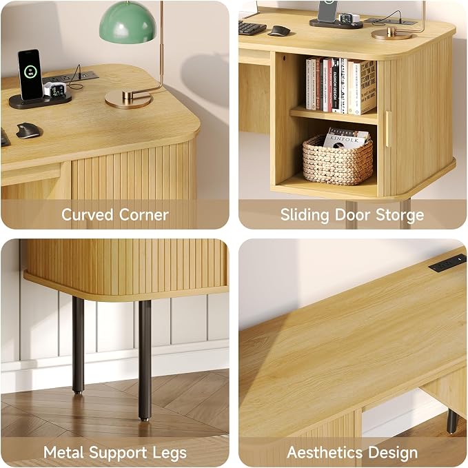 55 Inch Fluted Computer Desk with Power Outlets,Mid Century Wood Office Desk with Storge Cabinets & Sliding Door,Large Executive Desk for Office, Study, Living Room, Bedroom, Oak