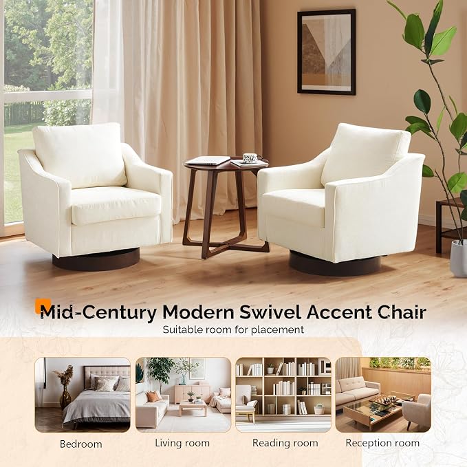 VINGLI Mid-Century Modern Swivel Accent Chairs Set of 2, 360°Upholstered Armchairs, Home Sofa with Track Arms for Living Room, Bedroom, Reading Room, Club Swivel Chairs, Chenille Beige