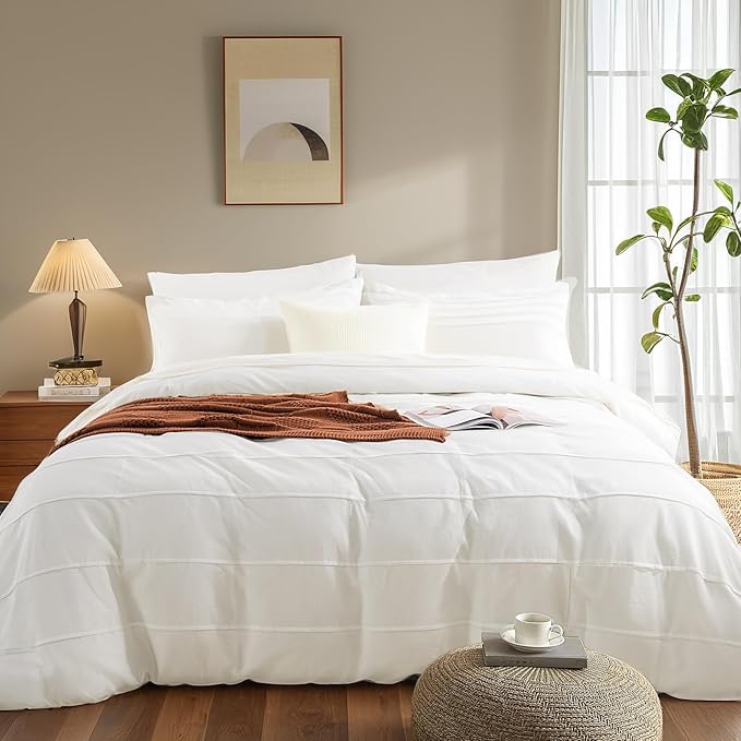 NEXHOME PRO 100% Organic Cotton Duvet Cover Full Size, Linen Like Pleated Textured White Duvet Cover Set, 3pc Bedding Set with Zipper Closure, Soft, Lightweight and Breathable (80"x90", No Comforter)