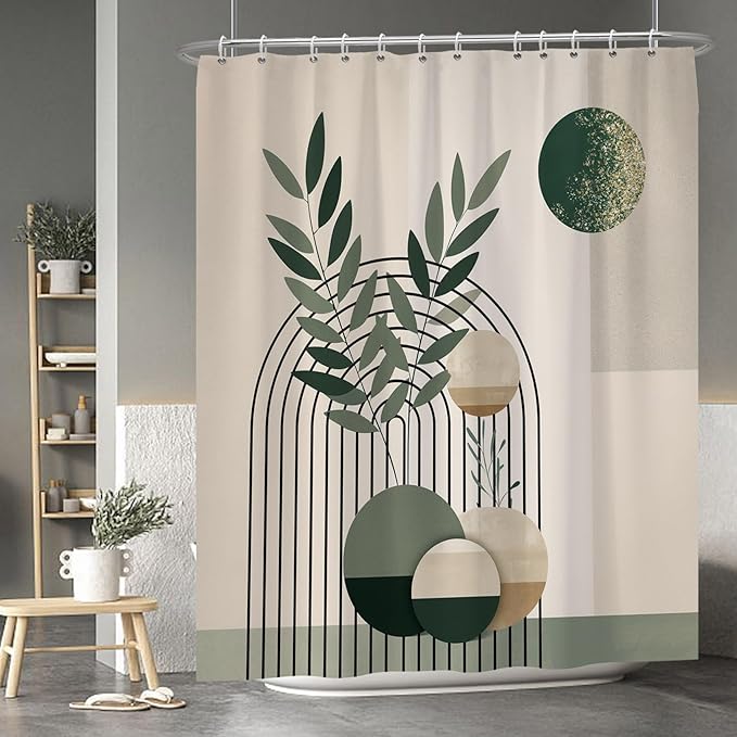 Baocicoo Mid Century Bohemia Green Moon Leaves Shower Curtain for Bathroom - Geometric Aesthetic Bathtub Decor - Polyester Durable Shower Curtain with Hooks - 72x84 Inches