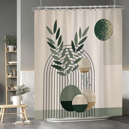Baocicoo Mid Century Bohemia Green Moon Leaves Shower Curtain for Bathroom - Geometric Aesthetic Bathtub Decor - Polyester Durable Shower Curtain with Hooks - 72x84 Inches