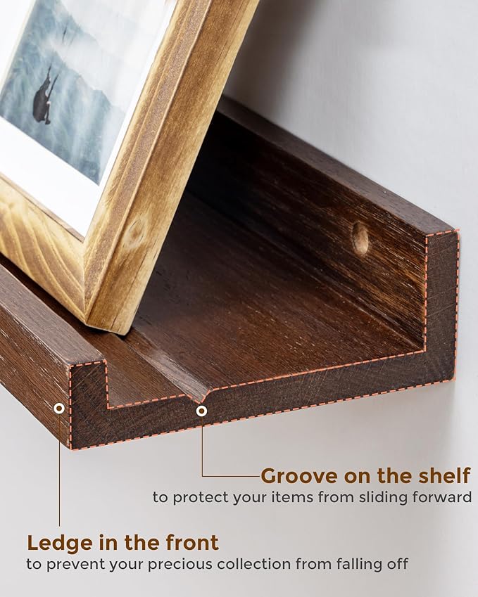 Axeman Oak Picture Ledge Shelf, 36 Inch Floating Shelves Set of 2, Solid Oak Wood Wall Shelves with Lip, Wall Decor Storage for Bedroom Living Room Bathroom Kitchen Nursery Photo Picture, Walnut