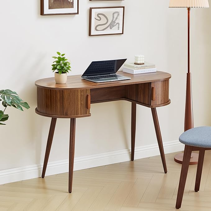 Mid-Century 43" Wood Writing Desk, Home Office Computer Laptop Desk with 2 Sliding Storage Space, Elegant Fluted Vanity Table Multifunctional Study Desk for Office, Bedroom (Wlanut-43)