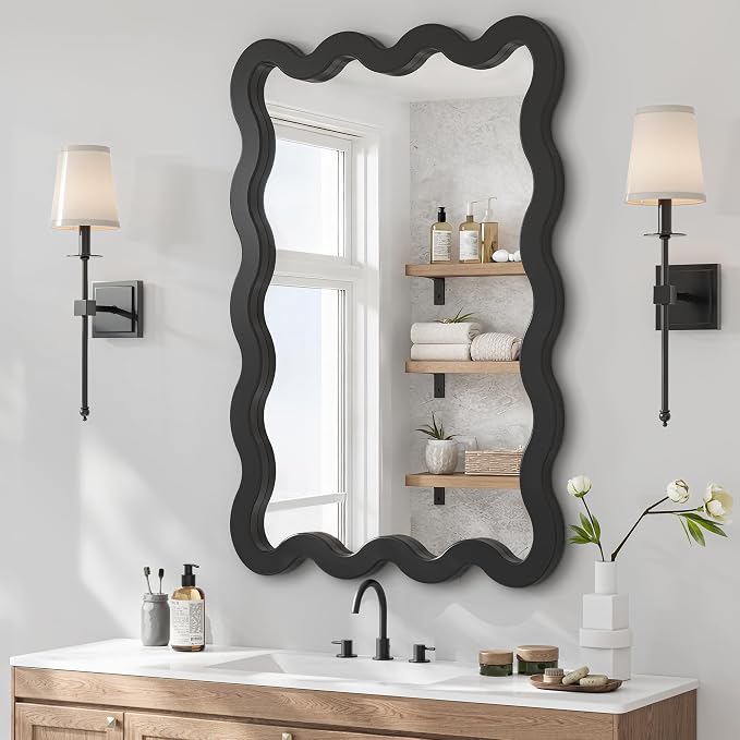 22"x30" Matte Black Wavy Wall Mirror for Powder Room & Vanity, Solid Wood Squiggle Mirror, Small Asymmetrical Irregular Mirror, Funky Aesthetic Decor, Vertical/Horizontal