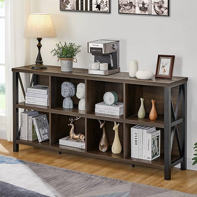 FATORRI 8 Cube Storage Organizer Bookshelf and Small Bookshelf with Drawer (Walnut Brown)