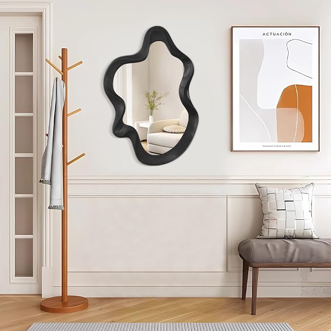 Asymmetrical Mirror for Wall Decor Large Modern Wavy Wooden Framed Wall Mirror Unique Shape Wall Mounted Vanity Artistic Wavy Mirror Decorative for Living Room Bedroom Bathroom Entryway Black
