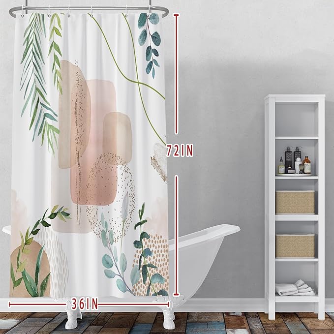 Baocicoo Minimalist Leaves Shower Curtain - Modern Abstract Geometric Botanical for Bathroom, Family, Camping, Hostel - Polyester with Hooks - 36x72 Inches