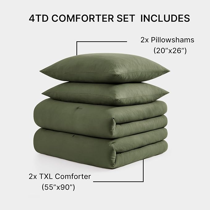WRENSONGE Double Twin XL Comforter Set - 4 Pieces Prewashed Olive Green Bedding Set for All Seasons Soft Lightweight 2 Comforters (55" x 90") with 2 Pillow Shams