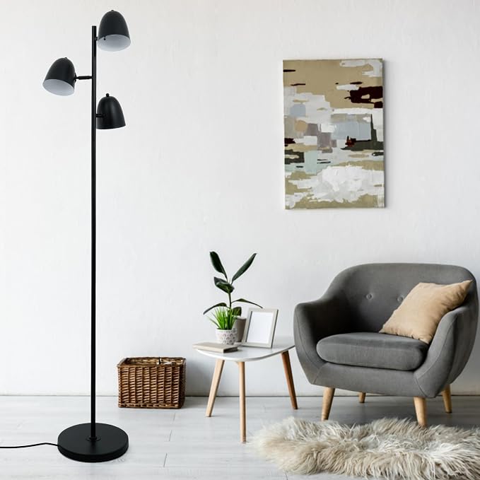Modern Tree Floor Lamp for Living Room, 3 Lights Industrial Farmhouse Black Standing Tall Pole Lamps with Adjustable Metal Shades 70'' LED Reading Floor Lamps Decor for Bedroom Home Office