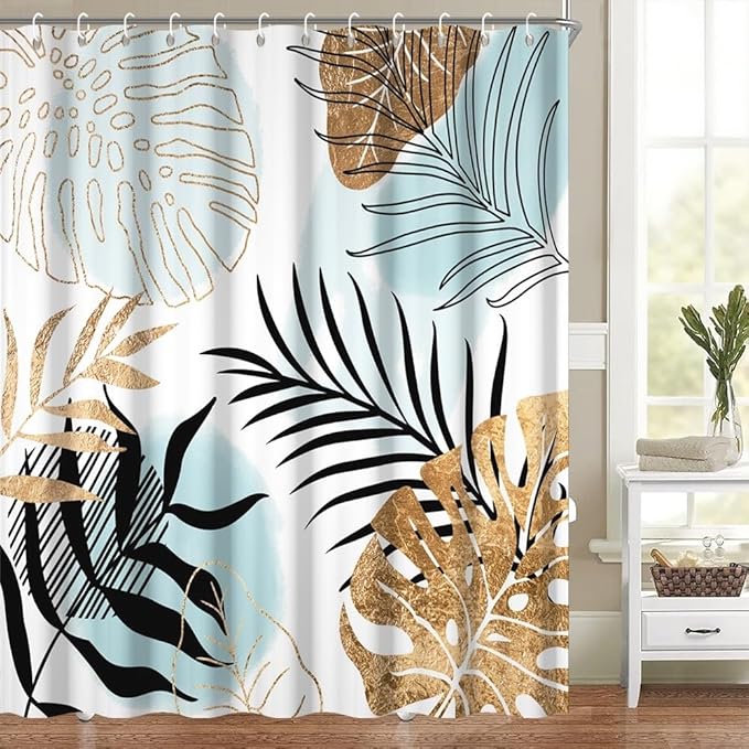 Modern Boho Shower Curtain Turquoise Gold Palm Leaves Abstract Aesthetic Bathroom Decor Watercolor Botanical Theme Bohemian Bath Curtains Washable Waterproof Polyester Fabric with Hooks 54x72 Inch