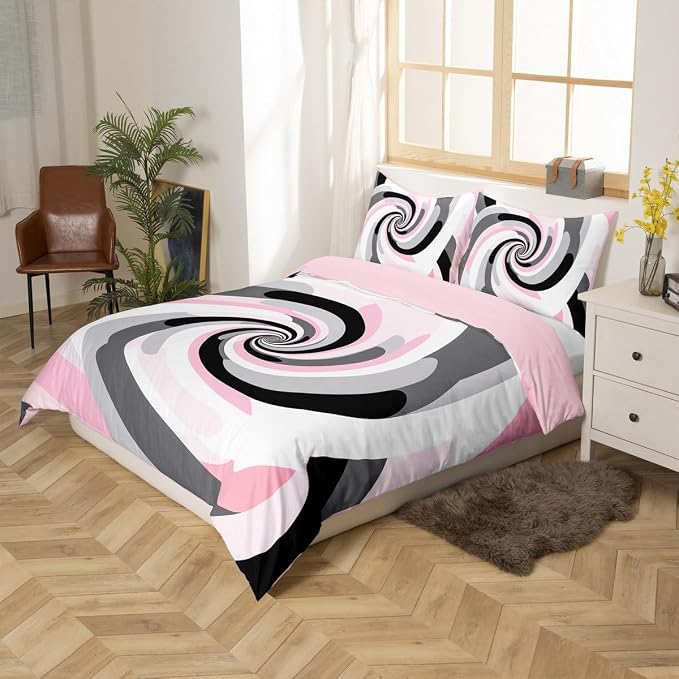 Erosebridal Geometric Circles Comforter Cover Full for Kids Boys Girls,Pink Grey Black White Duvet Cover,Abstract Art Bedding Set,Mid Century Minimalist Bed Set with 2 Pillowcases Bedroom Decor