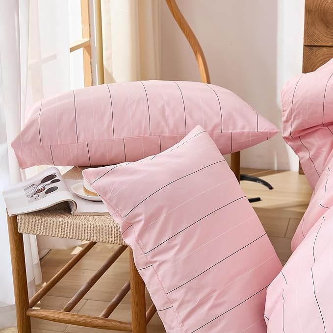Merryword Pink Striped Duvet Cover Set Queen Size - 100% Cotton Bedding Set with Wide Zipper & 8 Corner Ties, Soft Breathable Bedding Set Elegant Pastel Comforter Cover for All Seasons