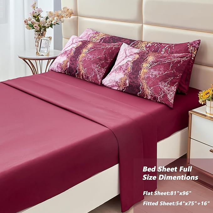PERFEMET 6 Pcs Full Comforter Sets Burgundy Watercolor Marble Bed in A Bag Comforter Set Soft Lightweight Dark Red and Gold Bedding Quilt Set(Burgundy, Full)