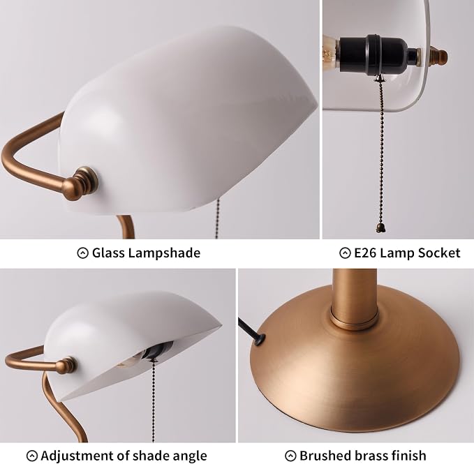 COSYLUX Tall Bankers Lamp, Vintage Sleek Glass Shade Table Lamp with Pull Switch, Antique Bronze Metal Bankers Desk Lamp for Office, Study Room, End Table, Bedside (White)