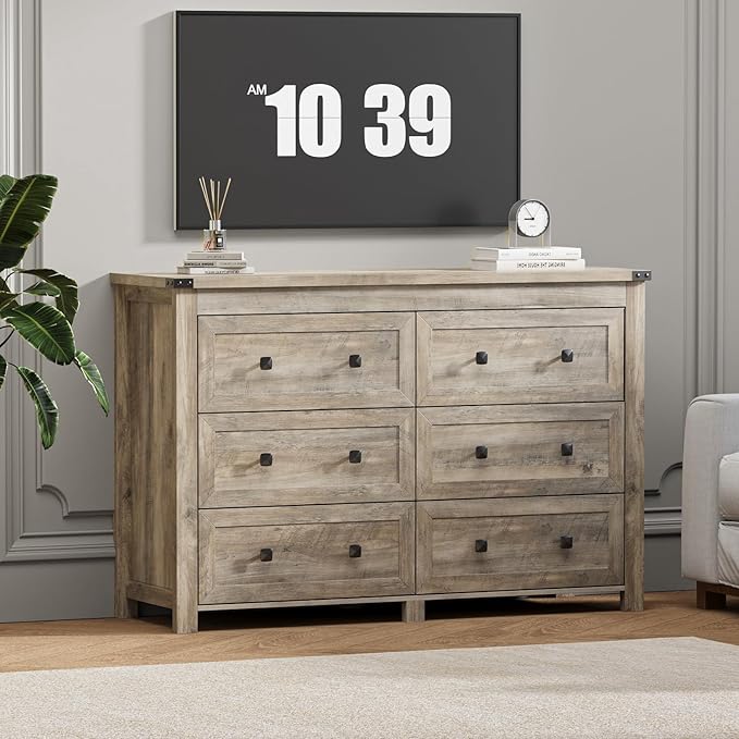 6 Drawer Dresser for Bedroom, Grey Modern Dressers & Chests of Drawers with Metal Handles, Closet Storage Dresser, Storage Cabinet and Organizer with Drawers, Gray