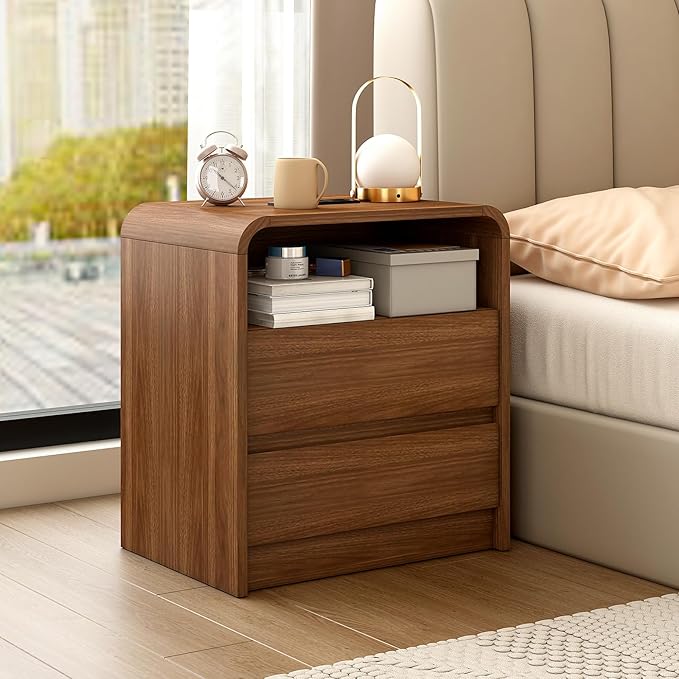 Walnut Nightstand Set of 2 with Charging Station, 21 Inch Wide Night Stand with Drawers, Modern Bedroom Bedside End Table with Round Corners Anti-Collision Design for Dorm, Sofa, Office
