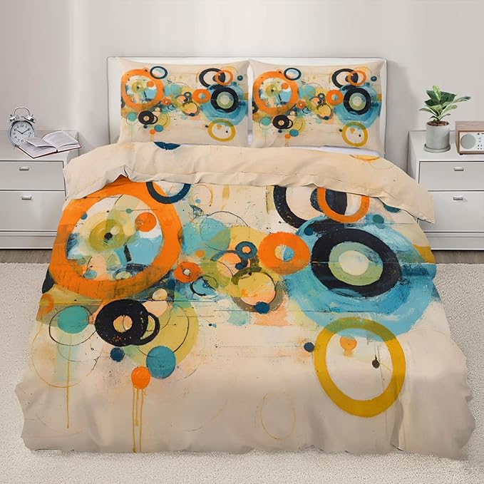 Vintage Geometric Abstract Duvet Cover Twin Size, Retro Bohemian Psychedelic Bedding Set 3 Piece, Circle Patterned Comforter Cover with Zipper Soft Microfiber, 2 Pillowcases