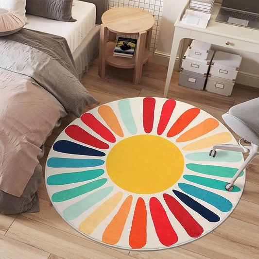 Garvee Rainbow Sun Round Rug, Washable 3ft Non Slip Low Pile Rug with Cute Sun Print for Nursery Sofa Bedroom, Mid Century Modern Circle Rugs for Playroom Kids Room, Colorful Red