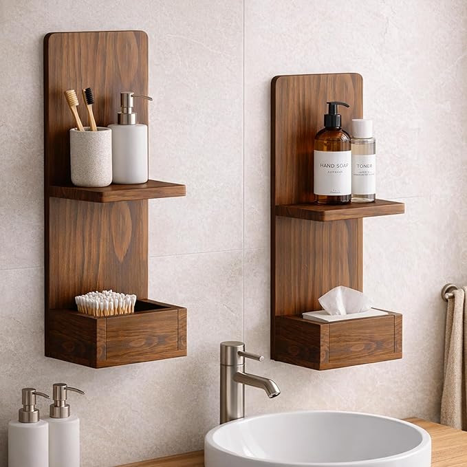 2-Tier Walnut Floating Wall Shelf, 20x8x6 Wall-Mounted Wooden Beside Shelf/Nightstand for Home Décor, Plants, Cosmetics, Bathroom, Kitchen, Bedroom Storage (Walnut with Box)