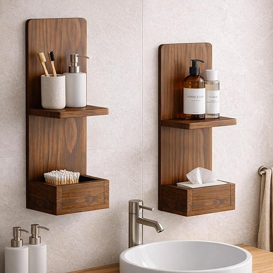 2-Tier Walnut Floating Wall Shelf, 20x8x6 Wall-Mounted Wooden Beside Shelf/Nightstand for Home Décor, Plants, Cosmetics, Bathroom, Kitchen, Bedroom Storage (Walnut with Box)